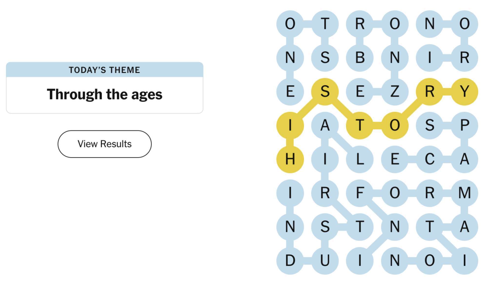 Completed NYT Strands board for October 24, 2024: Through the ages.