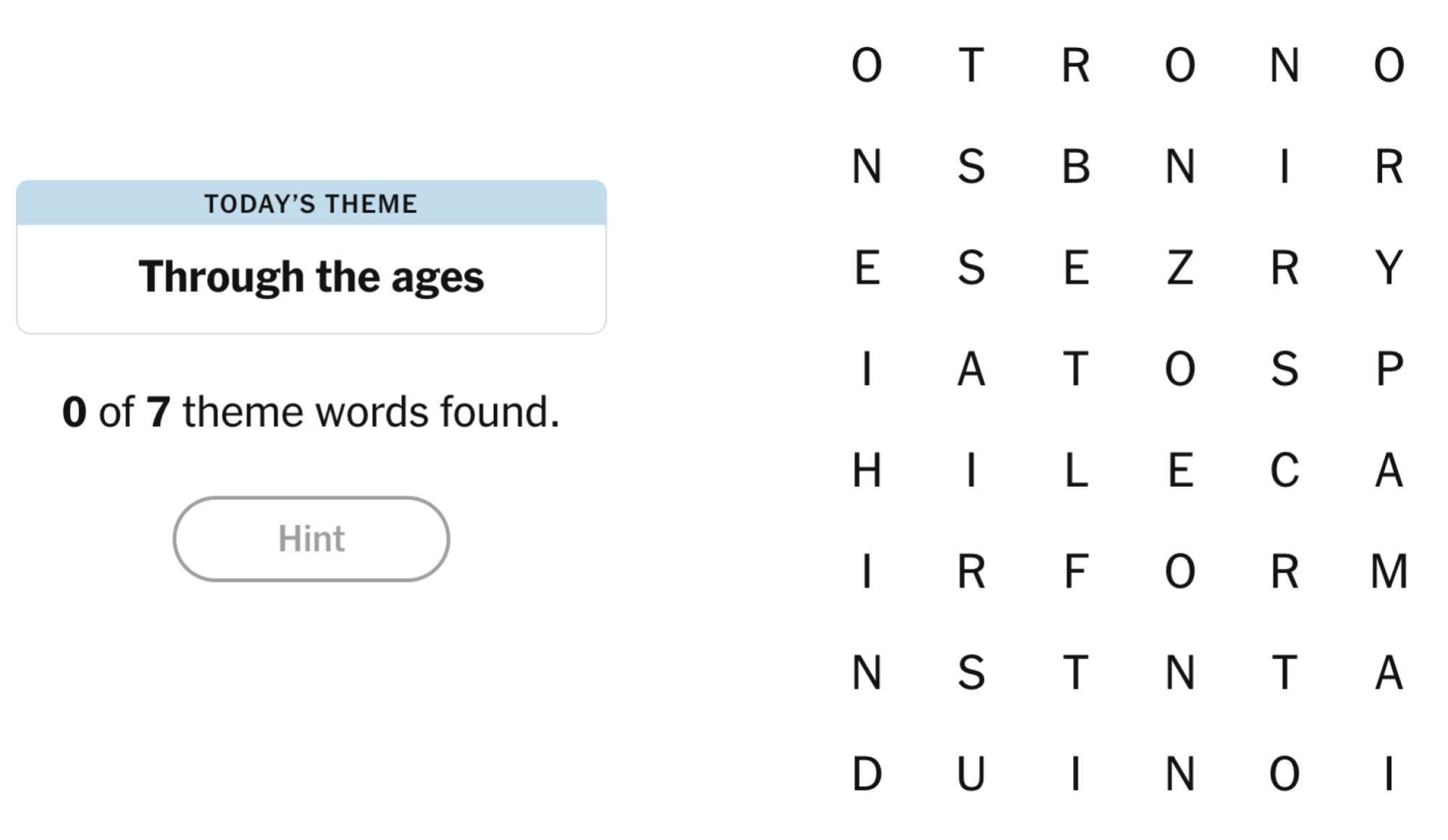 NYT Strands board for October 24, 2025: Through the ages.